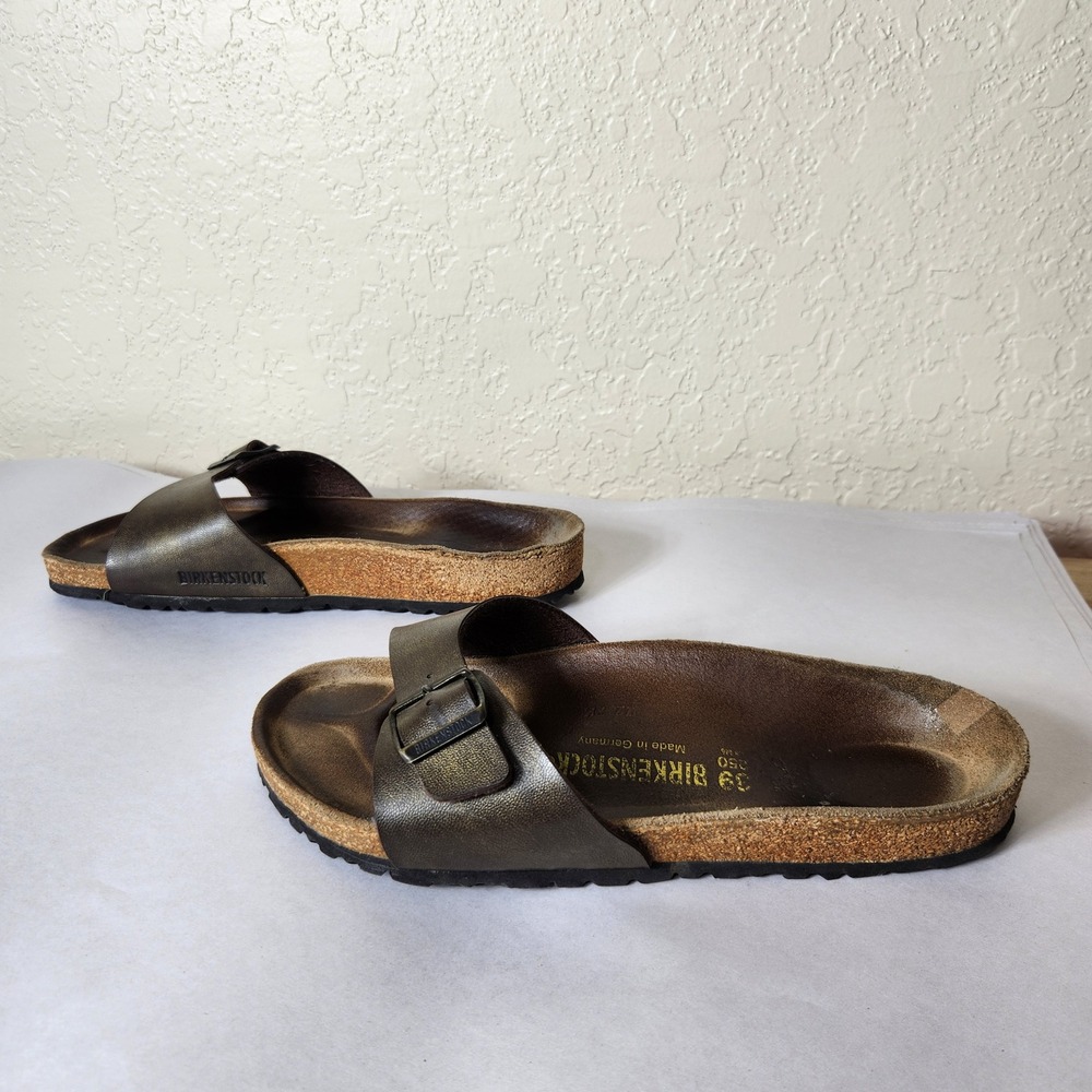 Birkenstock Madrid Big Buckle Metallic Bronze Leather Slides Sandals Womens 39